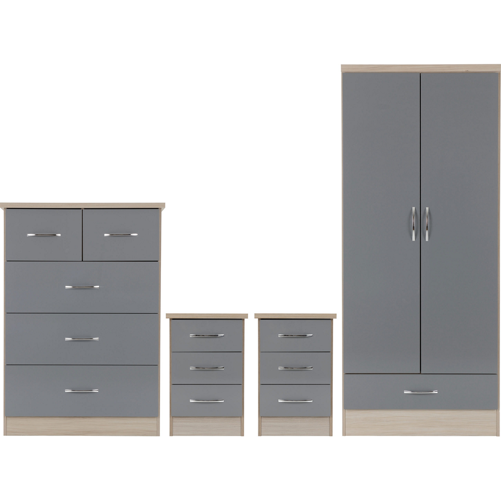 Nevada 2 Door 1 Drawer Wardrobe Bedroom Set-Furniture-Seconique-Grey Gloss/ Light Oak Effect Veneer-Levines Furniture