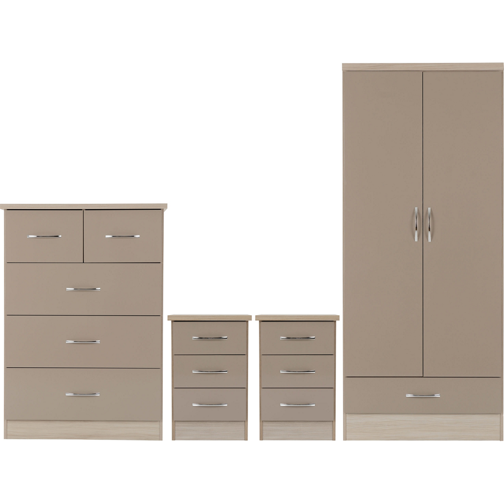 Nevada 2 Door 1 Drawer Wardrobe Bedroom Set-Furniture-Seconique-Oyster Gloss/ Light Oak Effect Veneer-Levines Furniture