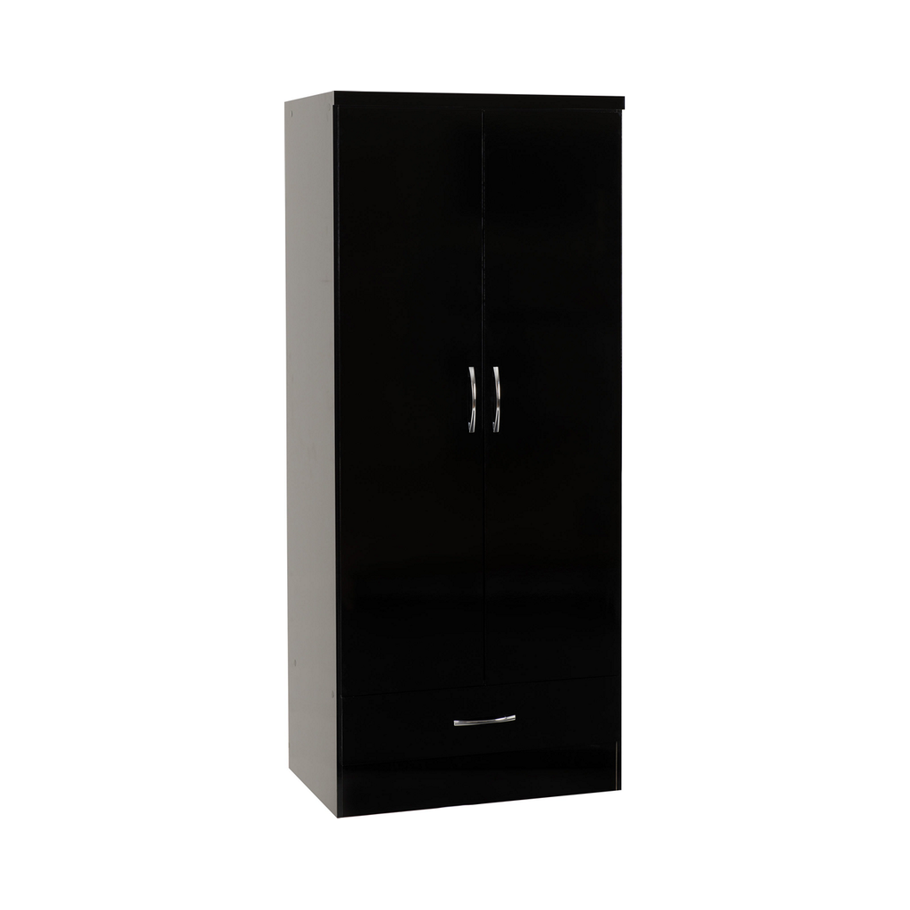 Nevada 2 Door 1 Drawer Wardrobe-Furniture-Seconique-Black Gloss-Levines Furniture