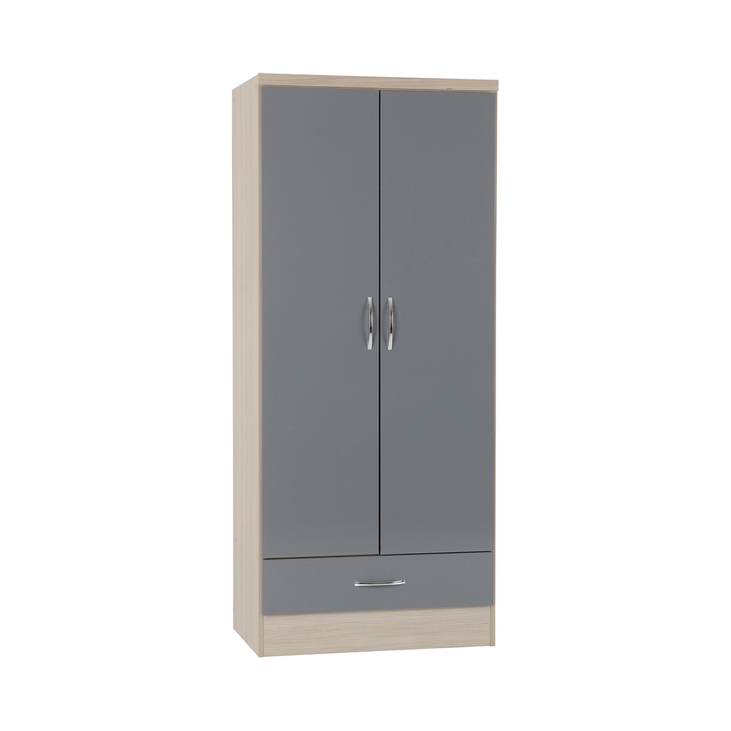 Nevada 2 Door 1 Drawer Wardrobe-Furniture-Seconique-Grey Gloss/ Light Oak Effect Veneer-Levines Furniture