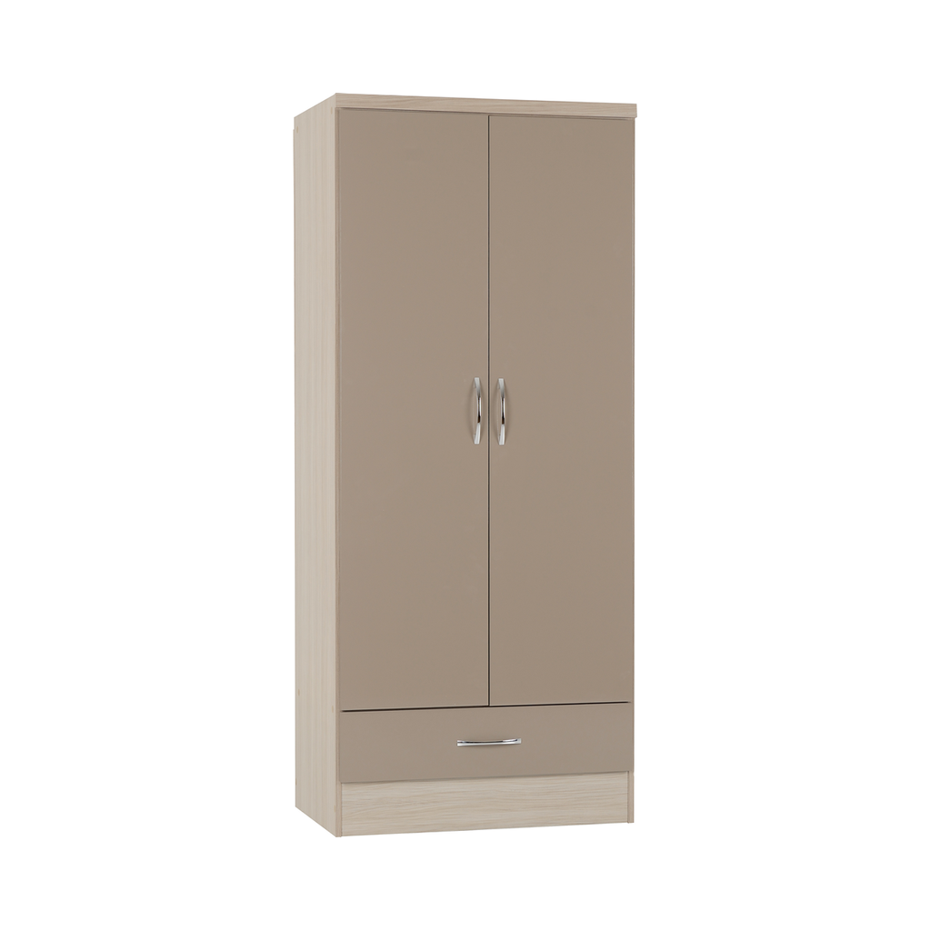 Nevada 2 Door 1 Drawer Wardrobe-Furniture-Seconique-Oyster Gloss/ Light Oak Effect Veneer-Levines Furniture