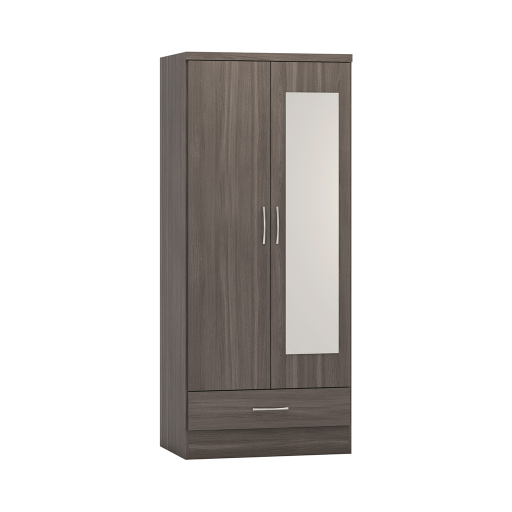 Nevada 2 Door 1 Drawer Mirrored Wardrobe-Furniture-Seconique-Black Wood Grain-Levines Furniture
