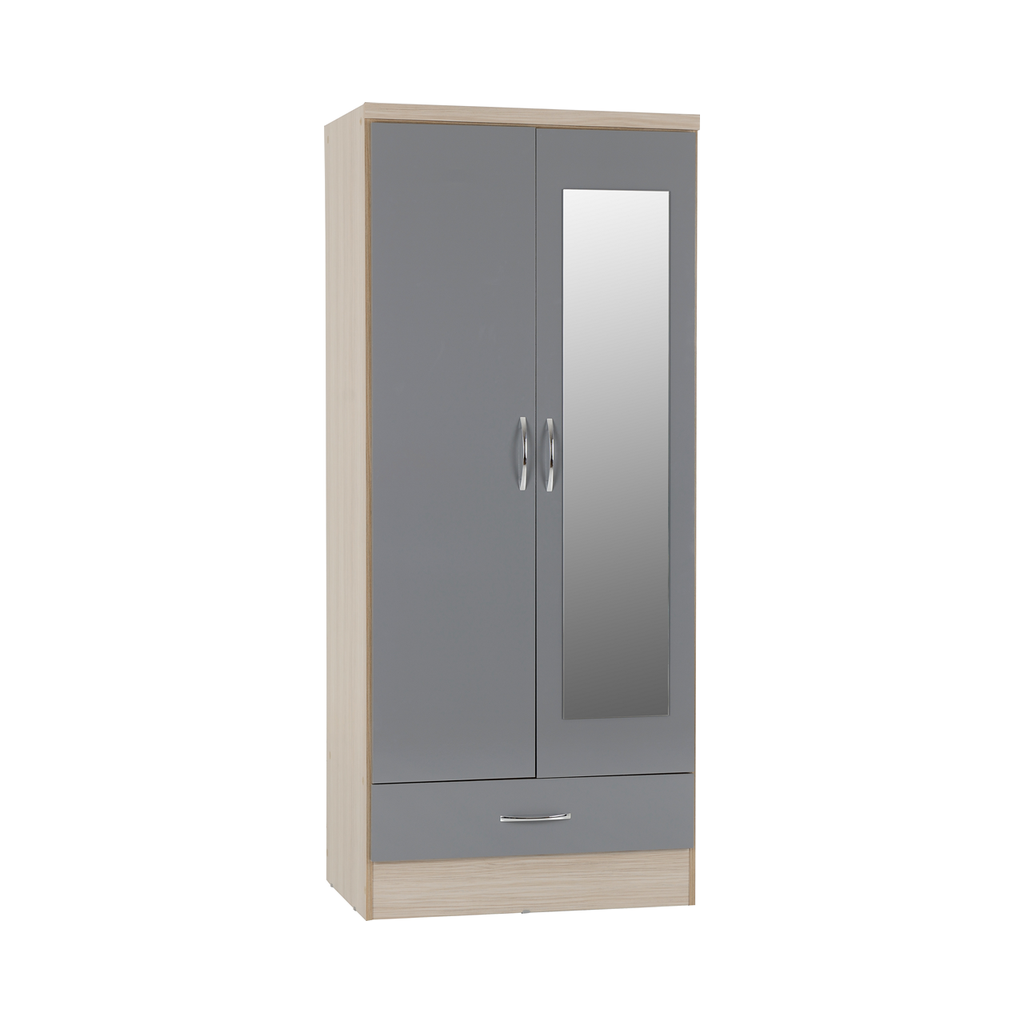 Nevada 2 Door 1 Drawer Mirrored Wardrobe-Furniture-Seconique-Grey Gloss/ Light Oak Effect Veneer-Levines Furniture