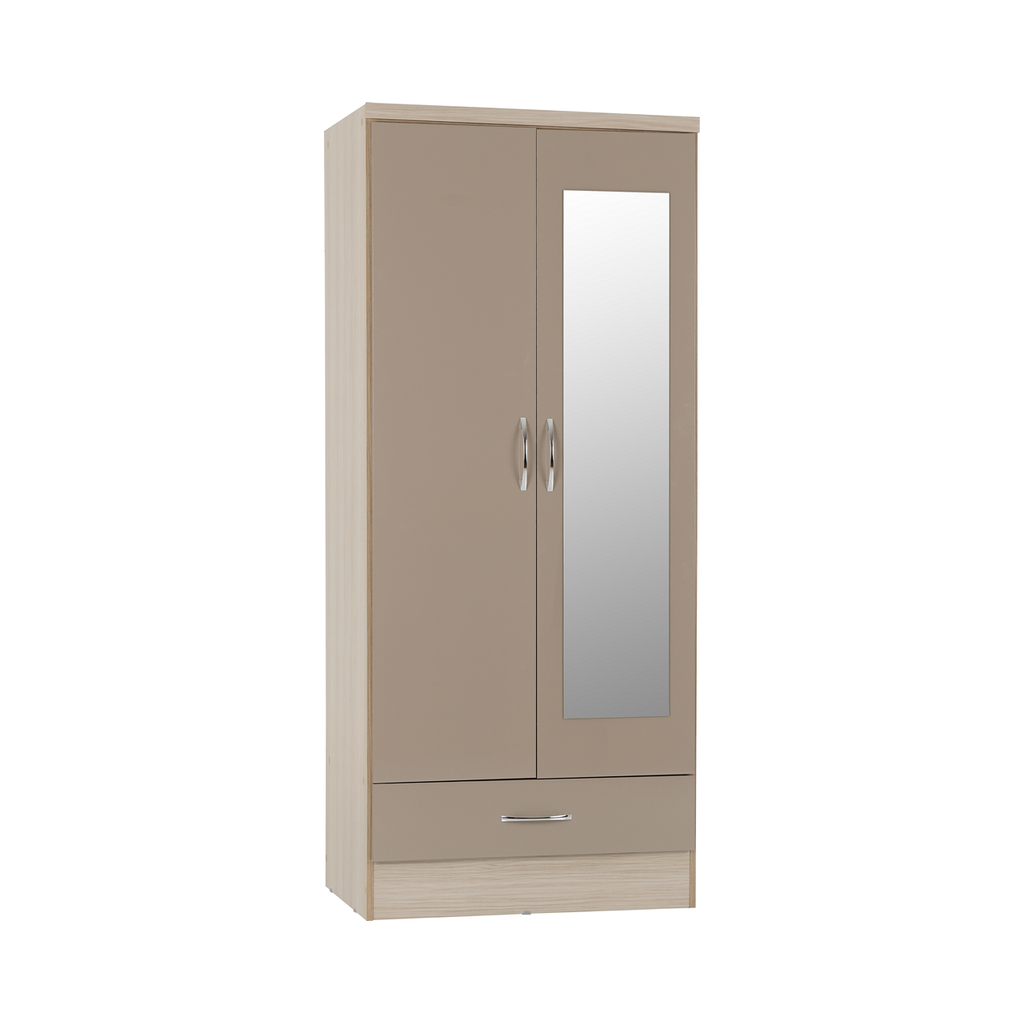Nevada 2 Door 1 Drawer Mirrored Wardrobe-Furniture-Seconique-Oyster Gloss/ Light Oak Effect Veneer-Levines Furniture