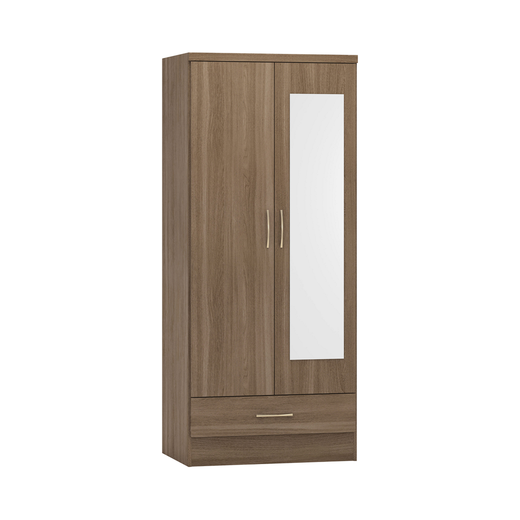 Nevada 2 Door 1 Drawer Mirrored Wardrobe-Furniture-Seconique-Rustic Oak Effect-Levines Furniture