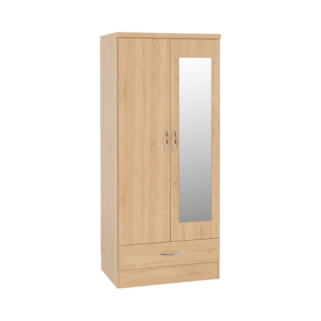 Nevada 2 Door 1 Drawer Mirrored Wardrobe-Furniture-Seconique-Sonoma Oak Effect-Levines Furniture