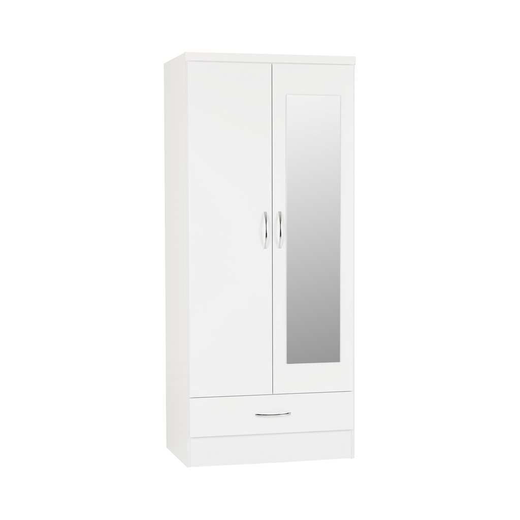 Nevada 2 Door 1 Drawer Mirrored Wardrobe-Furniture-Seconique-White Gloss-Levines Furniture