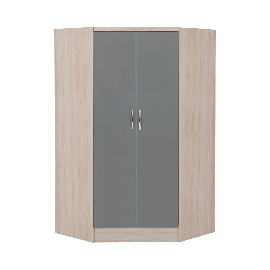 Nevada 2 Door Corner Wardrobe-Furniture-Seconique-Grey Gloss/ Light Oak Effect Veneer-Levines Furniture