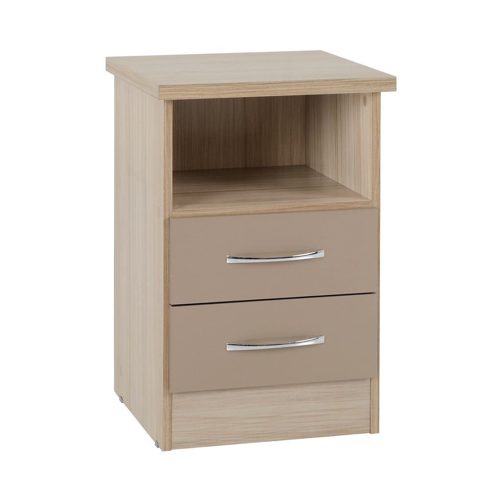 Nevada 2 Drawer Bedside-Furniture-Seconique-Oyster Gloss/ Light Oak Effect Veneer-Levines Furniture