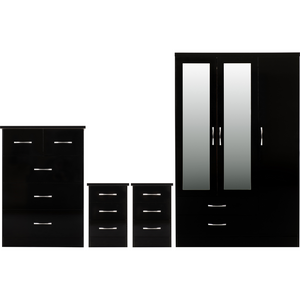 Nevada 3 Door 2 Drawer Mirrored Wardrobe Bedroom Set-Furniture-Seconique-Black Gloss-Levines Furniture