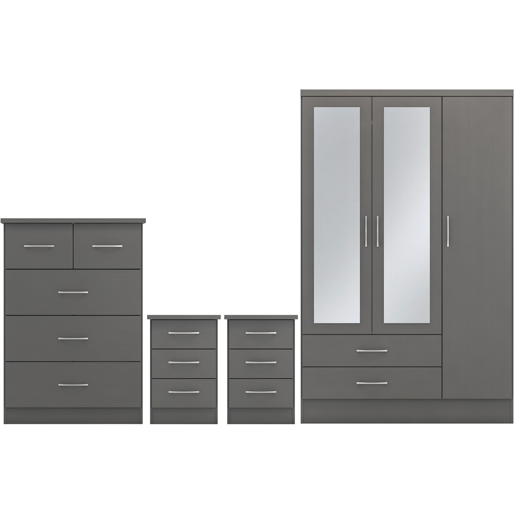 Nevada 3 Door 2 Drawer Mirrored Wardrobe Bedroom Set-Furniture-Seconique-Grey Effect-Levines Furniture