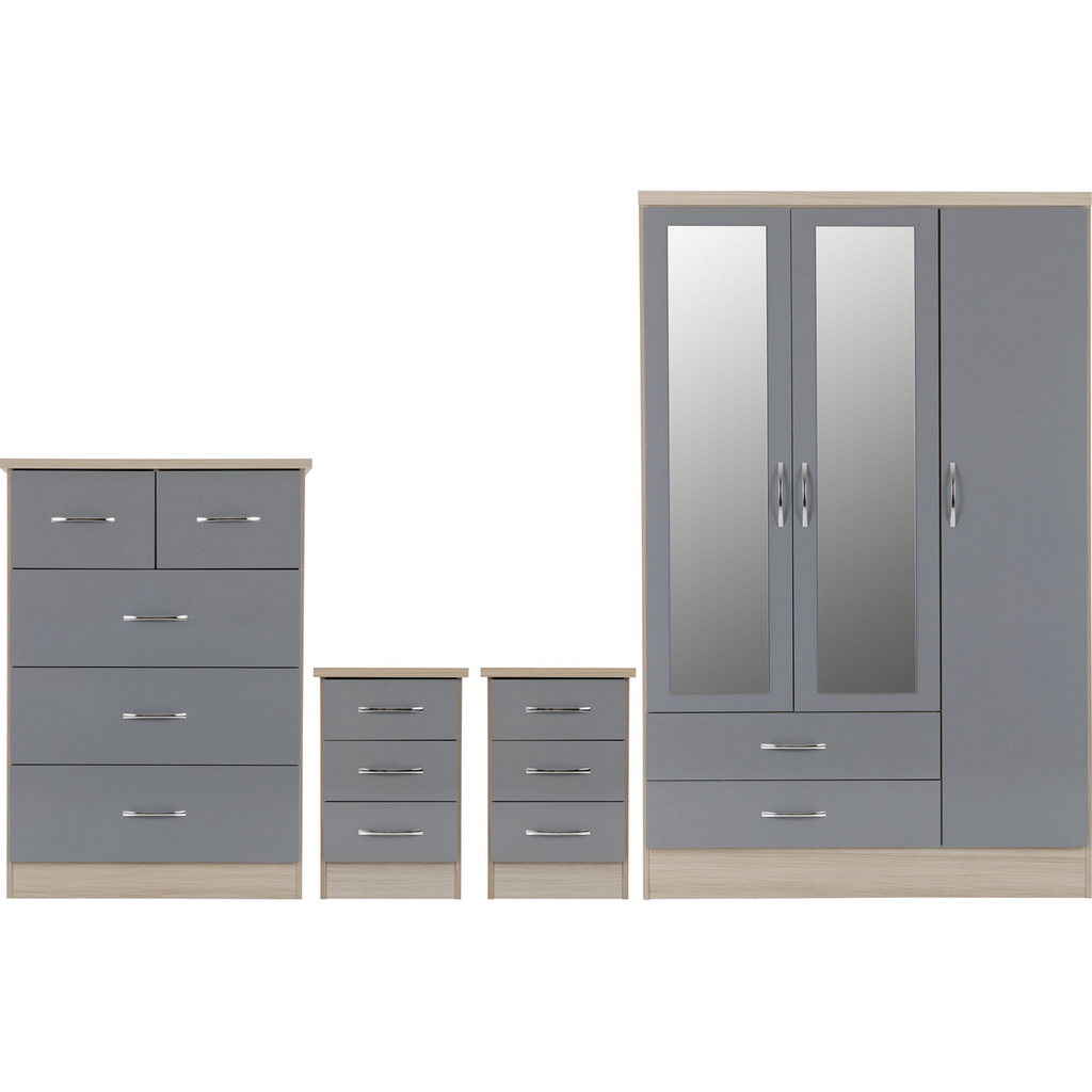 Nevada 3 Door 2 Drawer Mirrored Wardrobe Bedroom Set-Furniture-Seconique-Grey Gloss/ Light Oak Effect Veneer-Levines Furniture