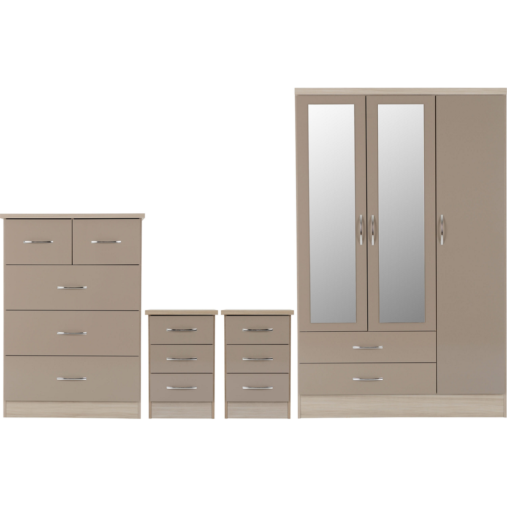 Nevada 3 Door 2 Drawer Mirrored Wardrobe Bedroom Set-Furniture-Seconique-Oyster Gloss/ Light Oak Effect Veneer-Levines Furniture