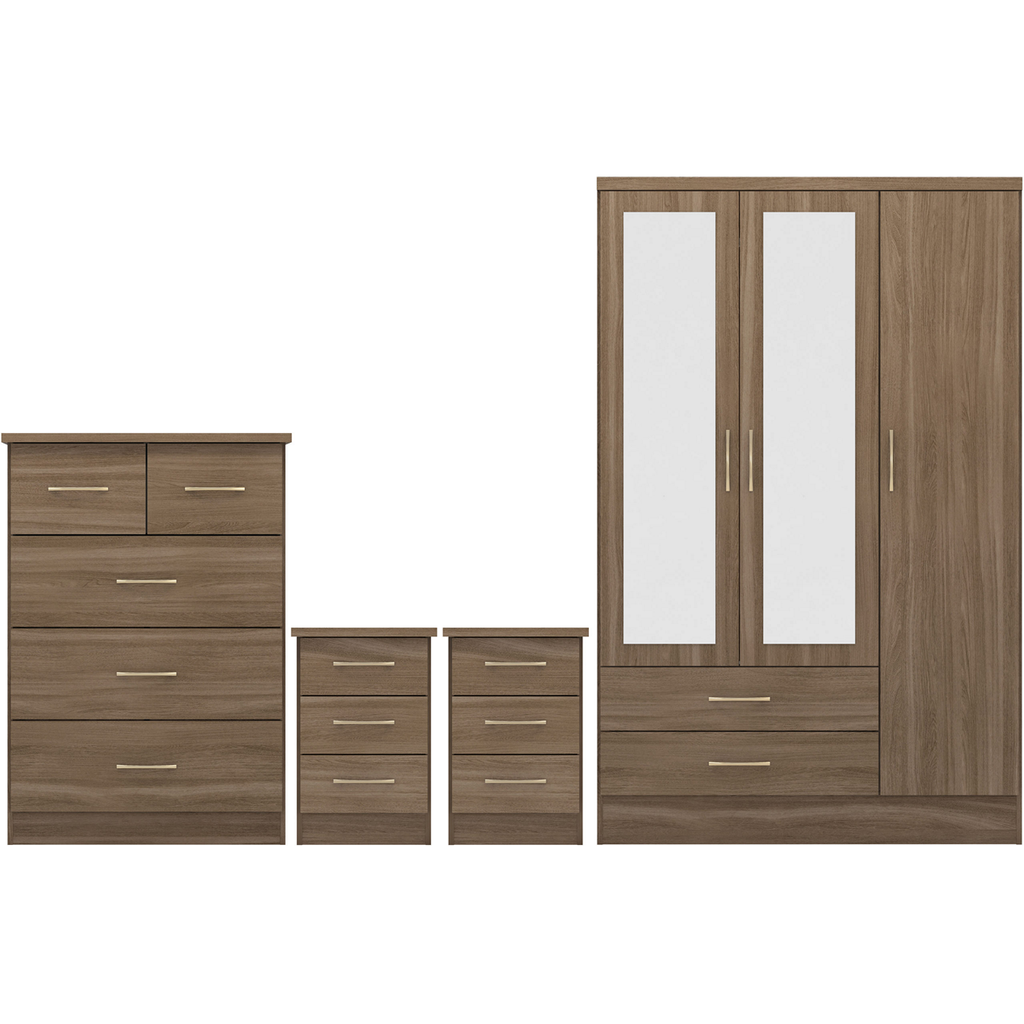 Nevada 3 Door 2 Drawer Mirrored Wardrobe Bedroom Set-Furniture-Seconique-Rustic Oak Effect-Levines Furniture