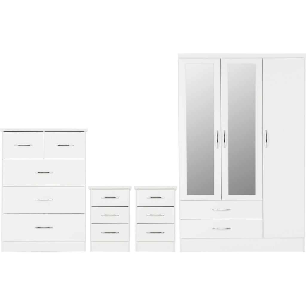 Nevada 3 Door 2 Drawer Mirrored Wardrobe Bedroom Set-Furniture-Seconique-White Gloss-Levines Furniture