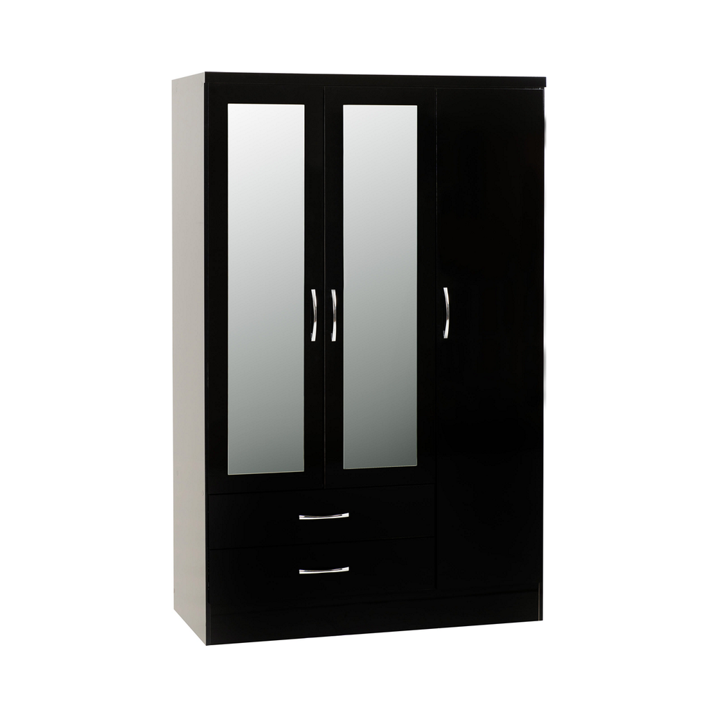 Nevada 3 Door Combination Mirrored Wardrobe-Furniture-Seconique-Black Gloss-Levines Furniture