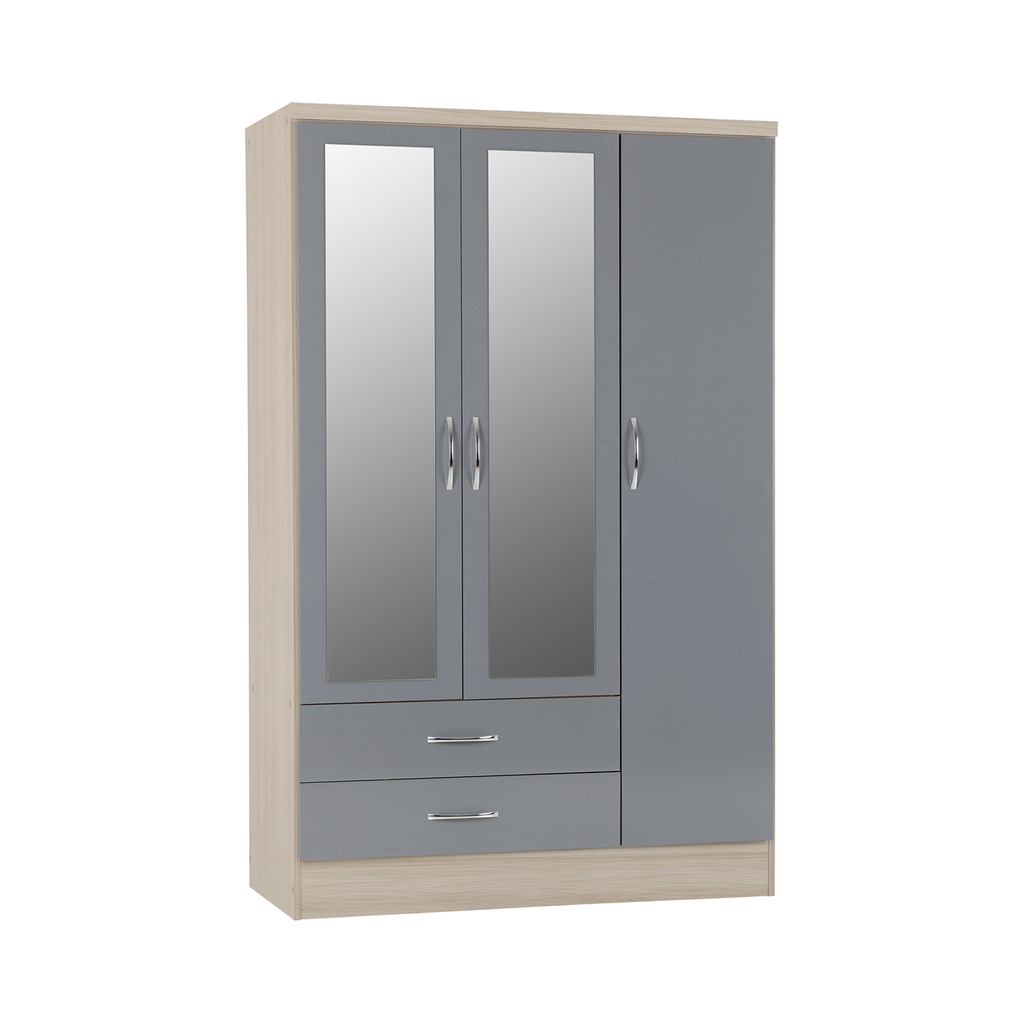 Nevada 3 Door Combination Mirrored Wardrobe-Furniture-Seconique-Grey Gloss/ Light Oak Effect Veneer-Levines Furniture