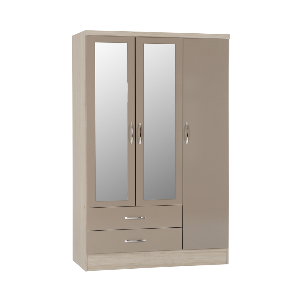 Nevada 3 Door Combination Mirrored Wardrobe-Furniture-Seconique-Oyster Gloss/ Light Oak Effect Veneer-Levines Furniture