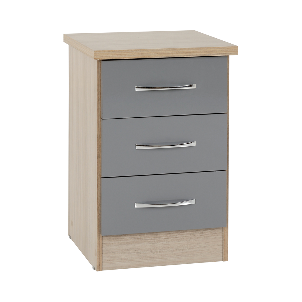 Nevada 3 Drawer Bedside-Furniture-Seconique-Grey Gloss/ Light Oak Effect Veneer-Levines Furniture