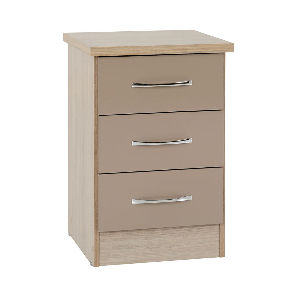 Nevada 3 Drawer Bedside-Furniture-Seconique-Oyster Gloss/ Light Oak Effect Veneer-Levines Furniture