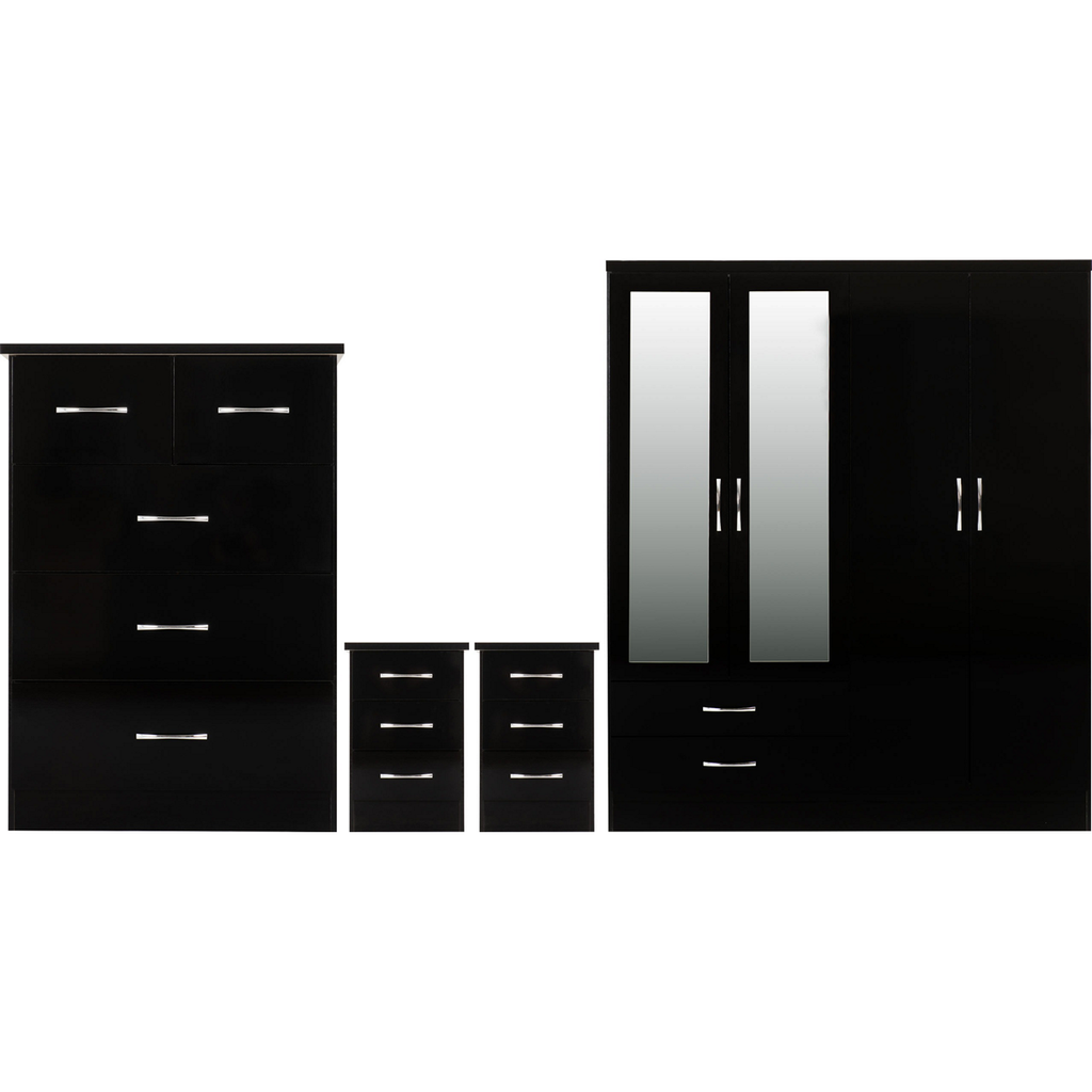 Nevada 4 Door 2 Drawer Mirrored Wardrobe Bedroom Set-Furniture-Seconique-Black Gloss-Levines Furniture