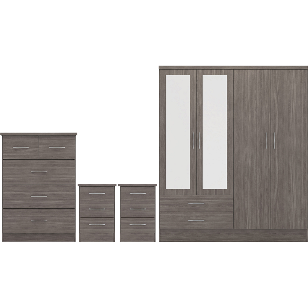 Nevada 4 Door 2 Drawer Mirrored Wardrobe Bedroom Set-Furniture-Seconique-Black Wood Grain-Levines Furniture