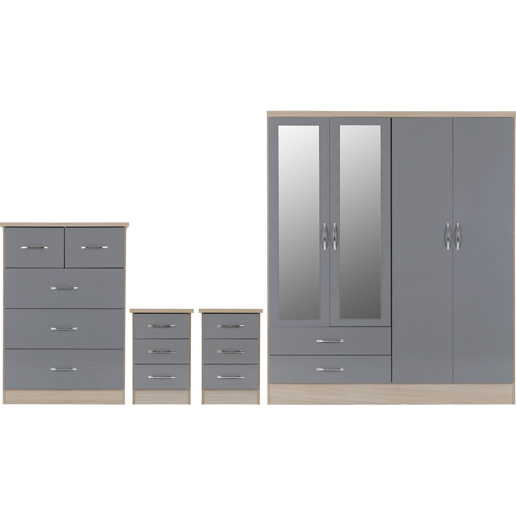 Nevada 4 Door 2 Drawer Mirrored Wardrobe Bedroom Set-Furniture-Seconique-Grey Gloss/ Light Oak Effect Veneer-Levines Furniture