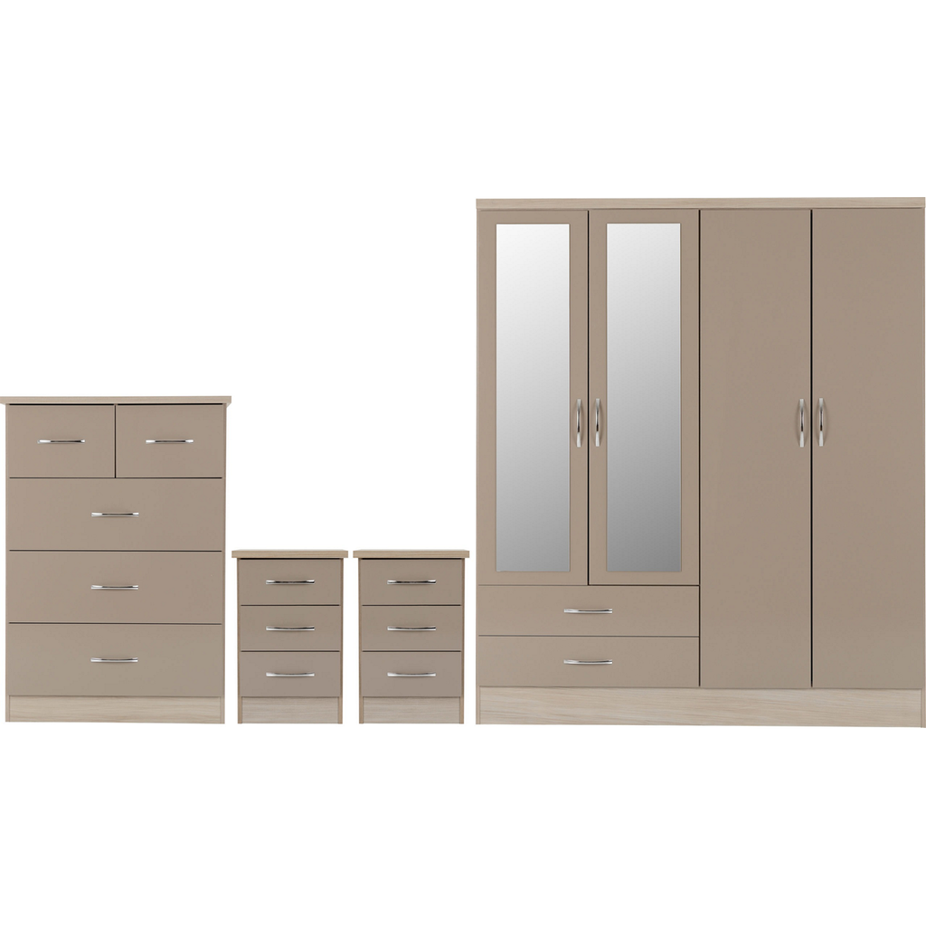 Nevada 4 Door 2 Drawer Mirrored Wardrobe Bedroom Set-Furniture-Seconique-Oyster Gloss/ Light Oak Effect Veneer-Levines Furniture