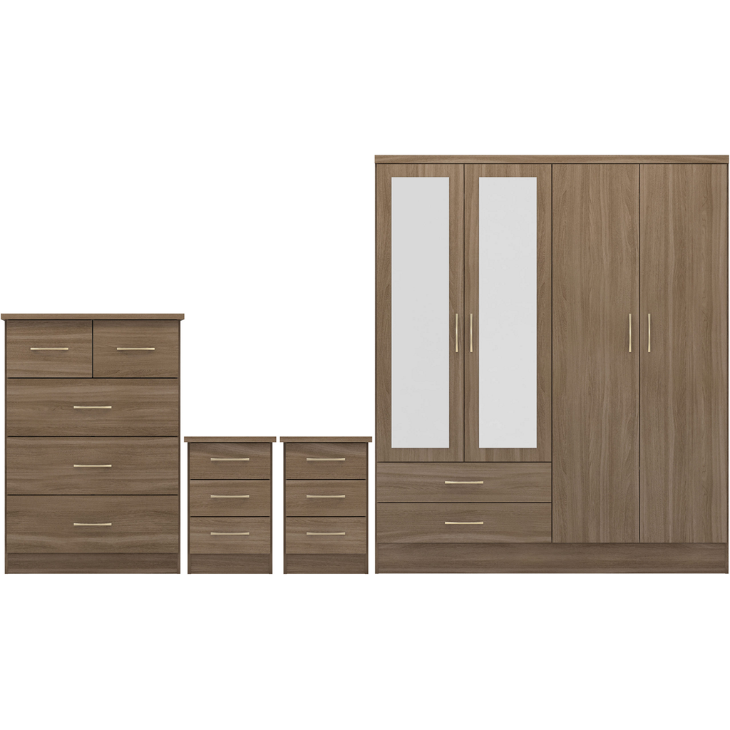 Nevada 4 Door 2 Drawer Mirrored Wardrobe Bedroom Set-Furniture-Seconique-Rustic Oak Effect-Levines Furniture