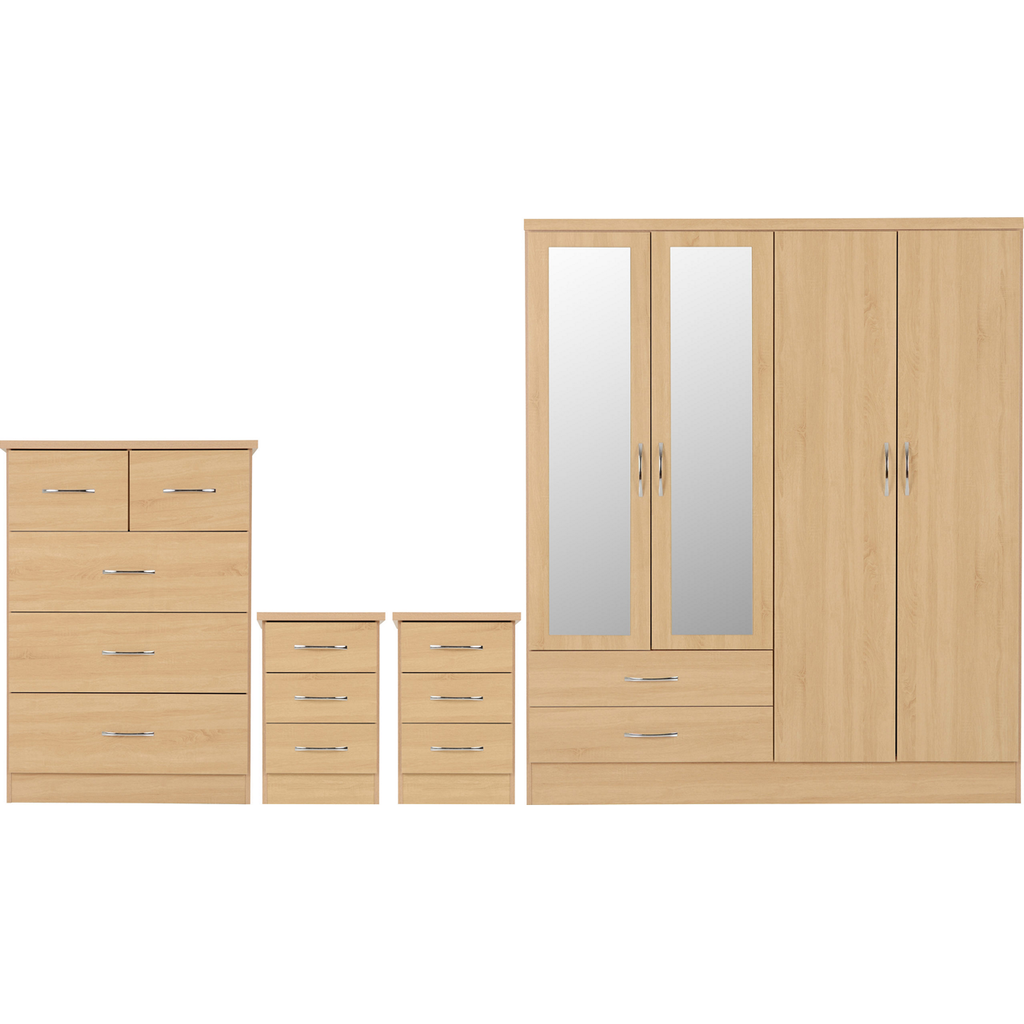 Nevada 4 Door 2 Drawer Mirrored Wardrobe Bedroom Set-Furniture-Seconique-Sonoma Oak Effect-Levines Furniture