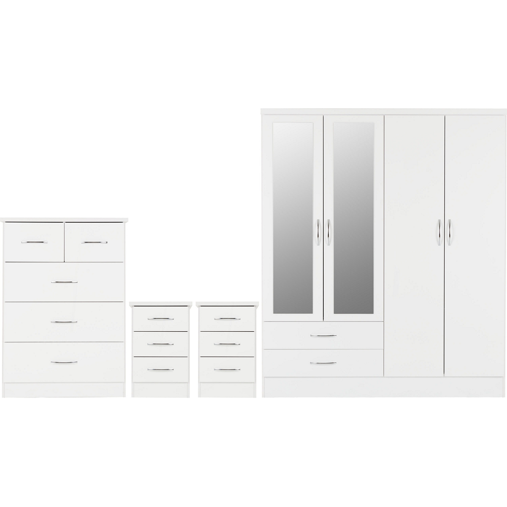 Nevada 4 Door 2 Drawer Mirrored Wardrobe Bedroom Set-Furniture-Seconique-White Gloss-Levines Furniture