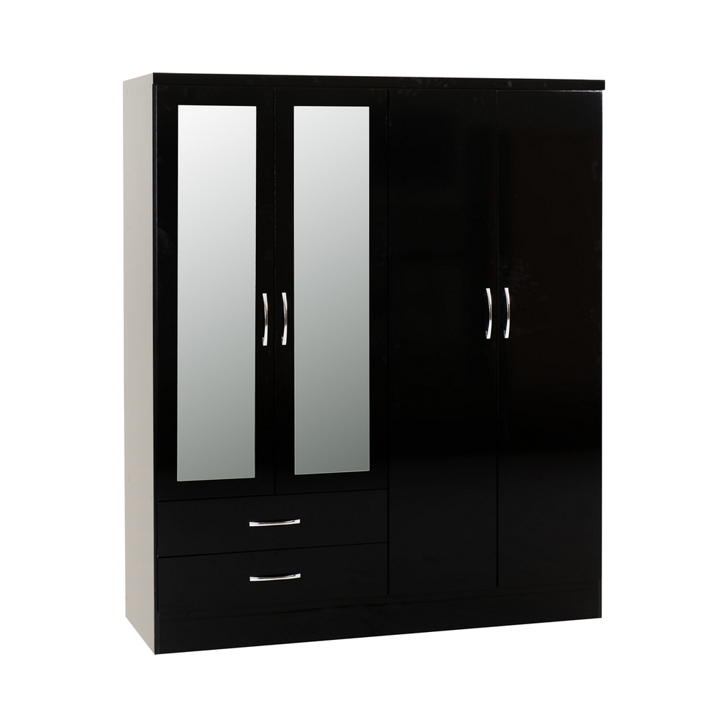 Nevada 4 Door Combination Mirrored Wardrobe-Furniture-Seconique-Black Gloss-Levines Furniture