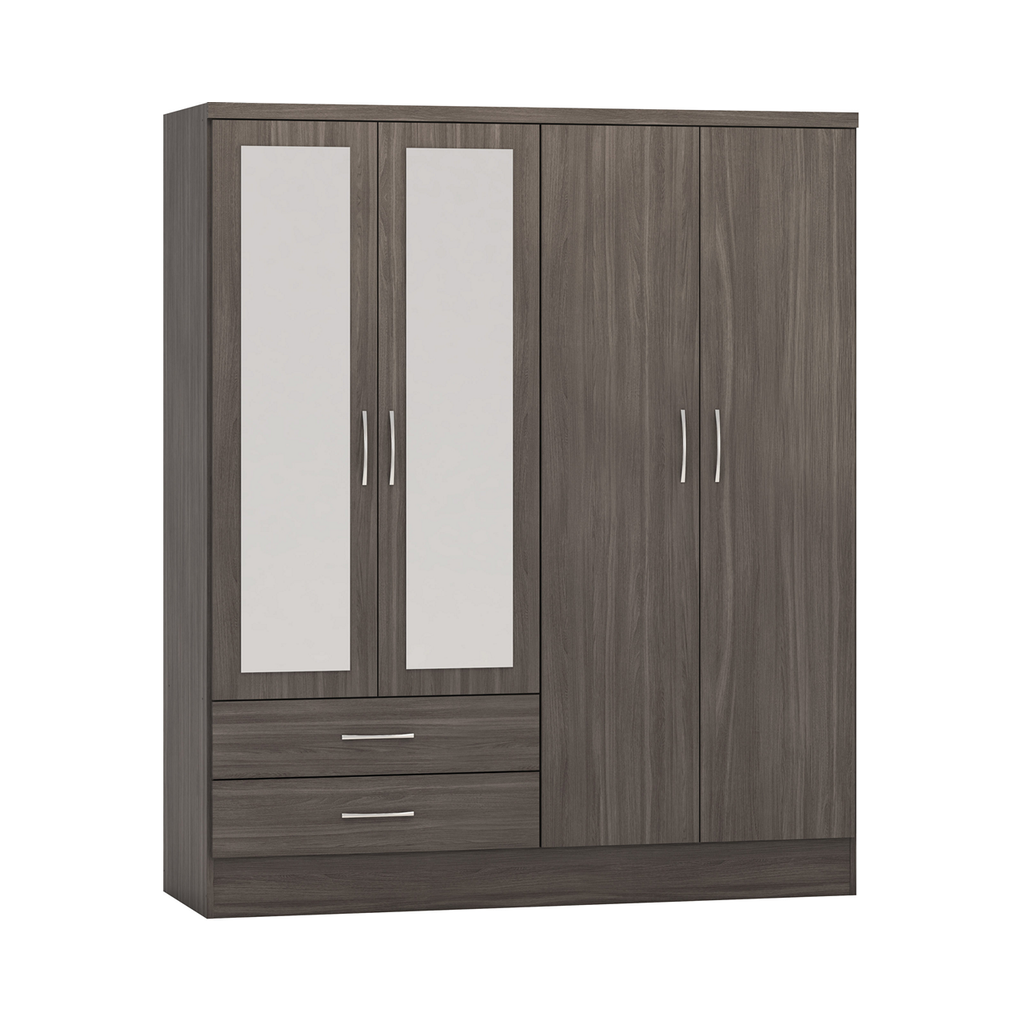 Nevada 4 Door Combination Mirrored Wardrobe-Furniture-Seconique-Black Wood Grain-Levines Furniture