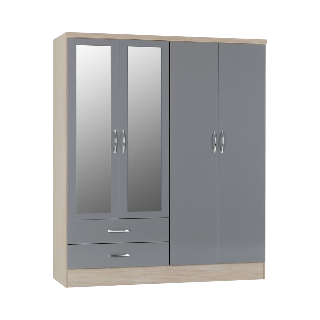 Nevada 4 Door Combination Mirrored Wardrobe-Furniture-Seconique-Grey Gloss/ Light Oak Effect Veneer-Levines Furniture