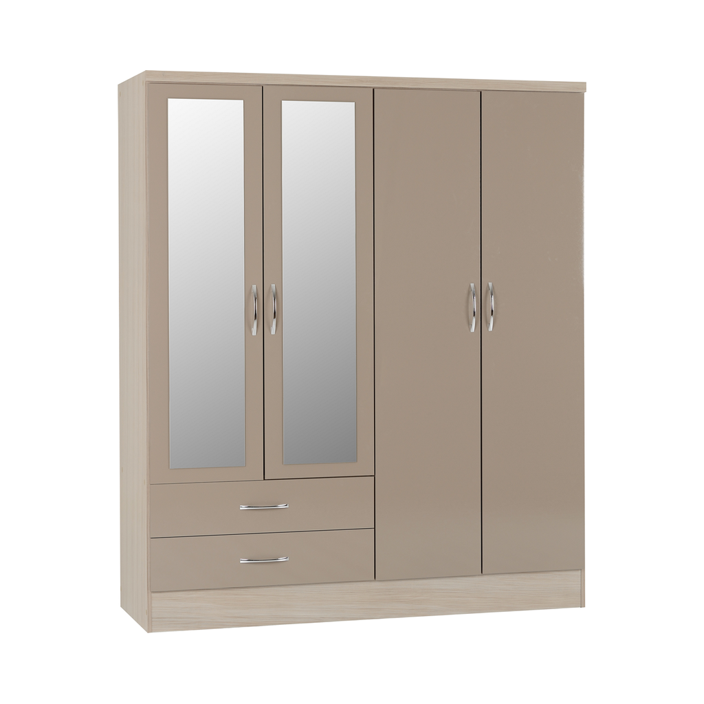 Nevada 4 Door Combination Mirrored Wardrobe-Furniture-Seconique-Oyster Gloss/ Light Oak Effect Veneer-Levines Furniture