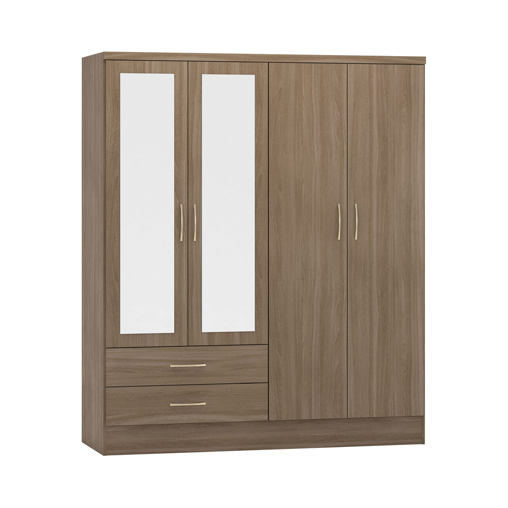 Nevada 4 Door Combination Mirrored Wardrobe-Furniture-Seconique-Rustic Oak Effect-Levines Furniture