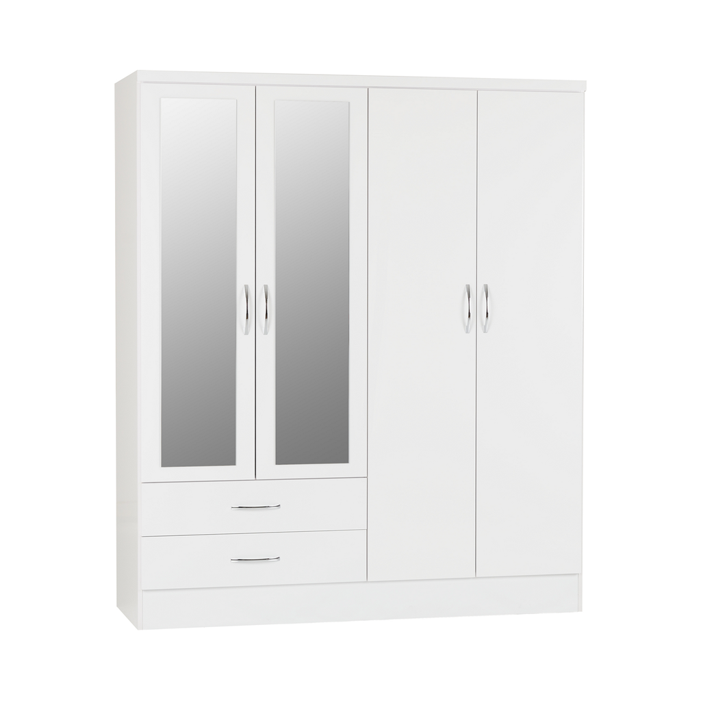 Nevada 4 Door Combination Mirrored Wardrobe-Furniture-Seconique-White Gloss-Levines Furniture