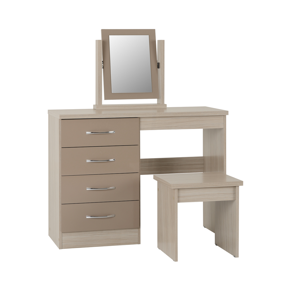 Nevada 4 Drawer Dressing Table Set-Furniture-Seconique-Oyster Gloss/ Light Oak Effect Veneer-Levines Furniture