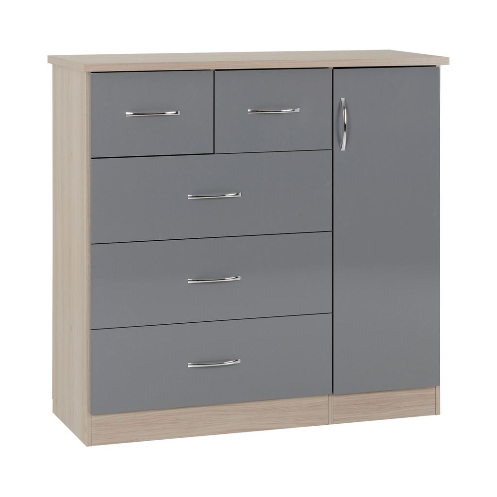 Nevada 3 + 2 Drawer Low Wardrobe-Furniture-Seconique-Grey Gloss/ Light Oak Effect Veneer-Levines Furniture