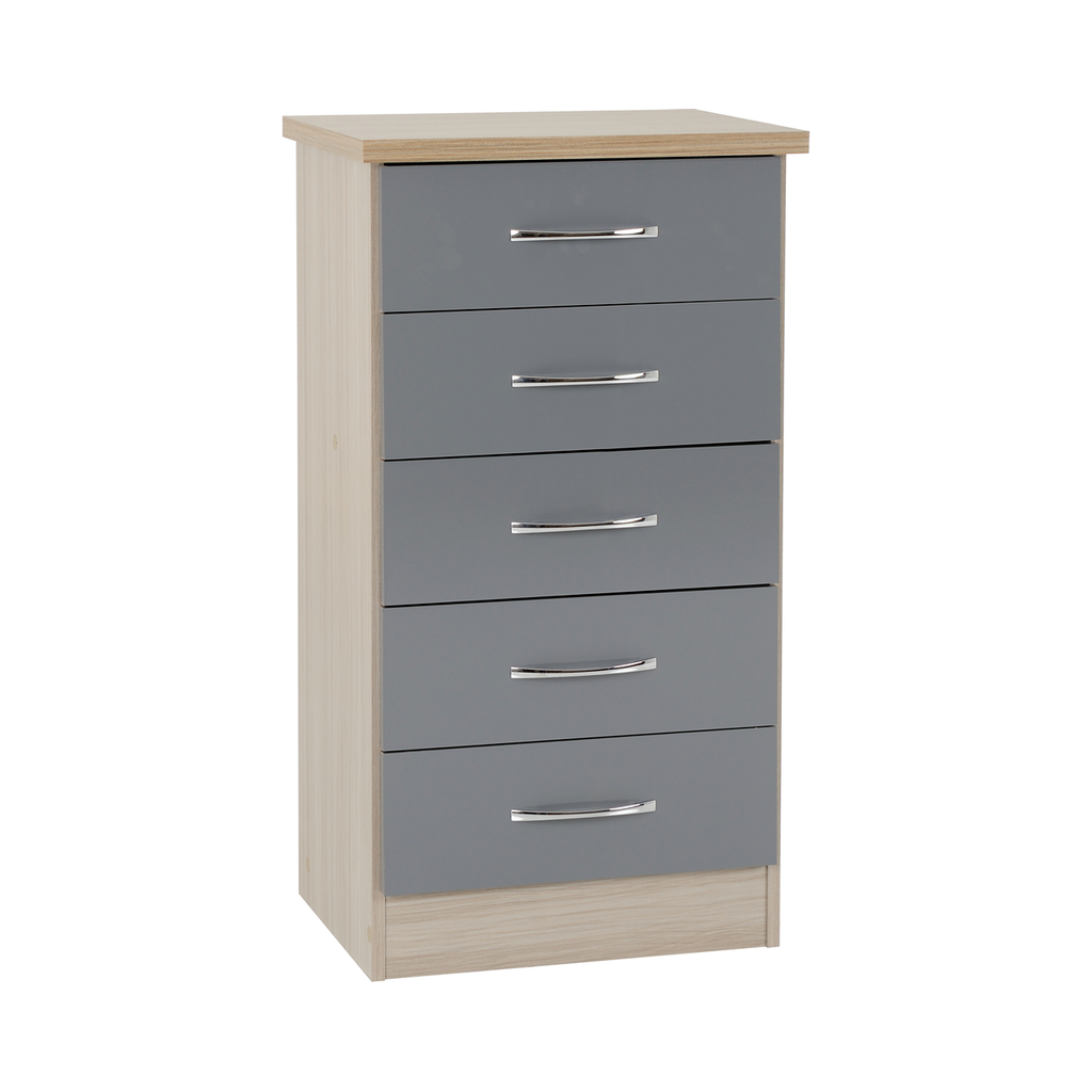 Nevada 5 Drawer Narrow Chest-Furniture-Seconique-Grey Gloss/ Light Oak Effect Veneer-Levines Furniture