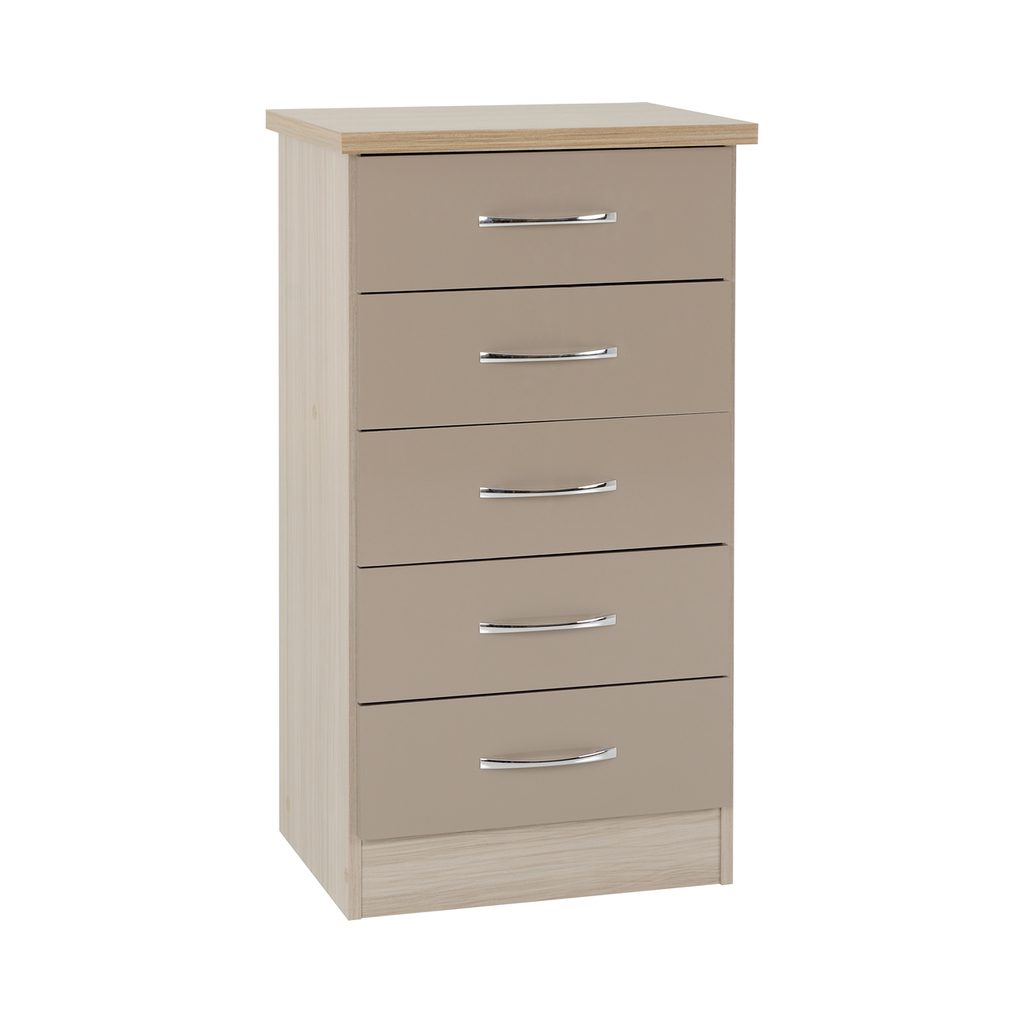 Nevada 5 Drawer Narrow Chest-Furniture-Seconique-Oyster Gloss/ Light Oak Effect Veneer-Levines Furniture