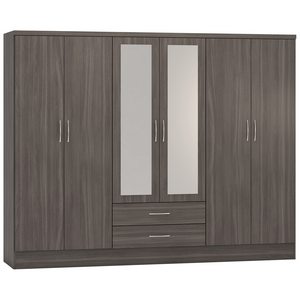 Nevada 6 Door 2 Drawer Mirrored Wardrobe-Furniture-Seconique-Black Wood Grain-Levines Furniture