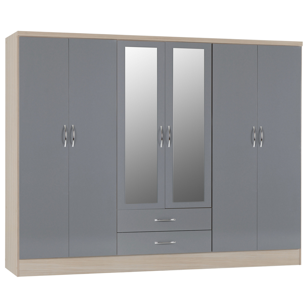 Nevada 6 Door 2 Drawer Mirrored Wardrobe-Furniture-Seconique-Grey Gloss/ Light Oak Effect Veneer-Levines Furniture