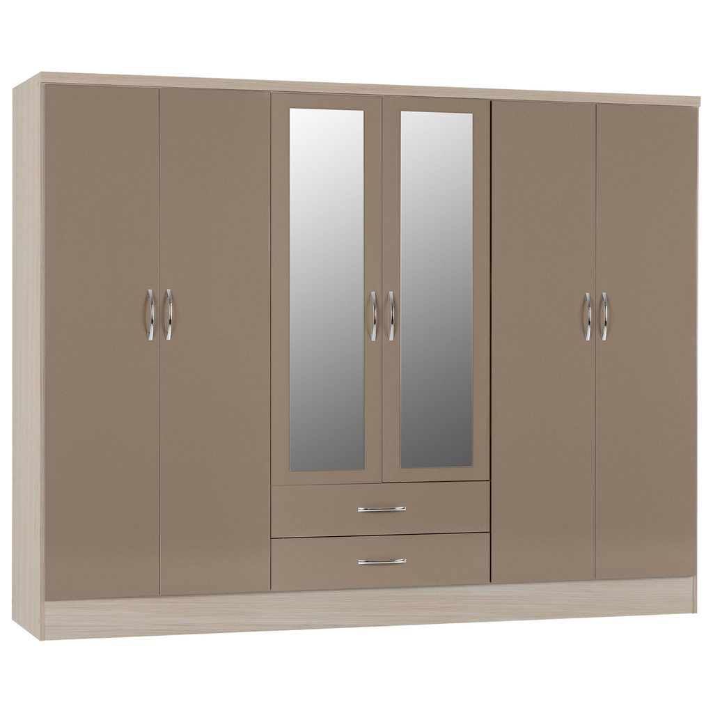 Nevada 6 Door 2 Drawer Mirrored Wardrobe-Furniture-Seconique-Oyster Gloss/ Light Oak Effect Veneer-Levines Furniture