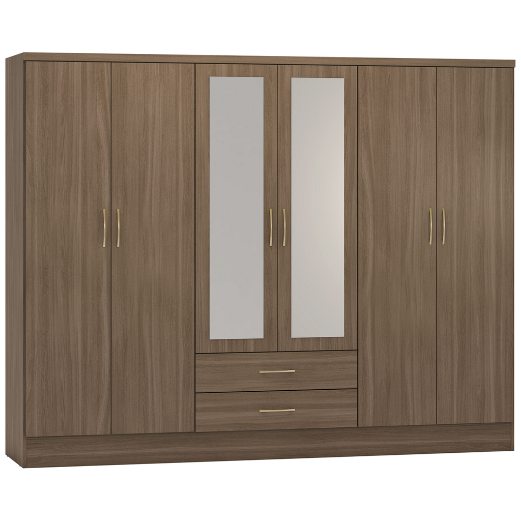 Nevada 6 Door 2 Drawer Mirrored Wardrobe-Furniture-Seconique-Rustic Oak Effect-Levines Furniture