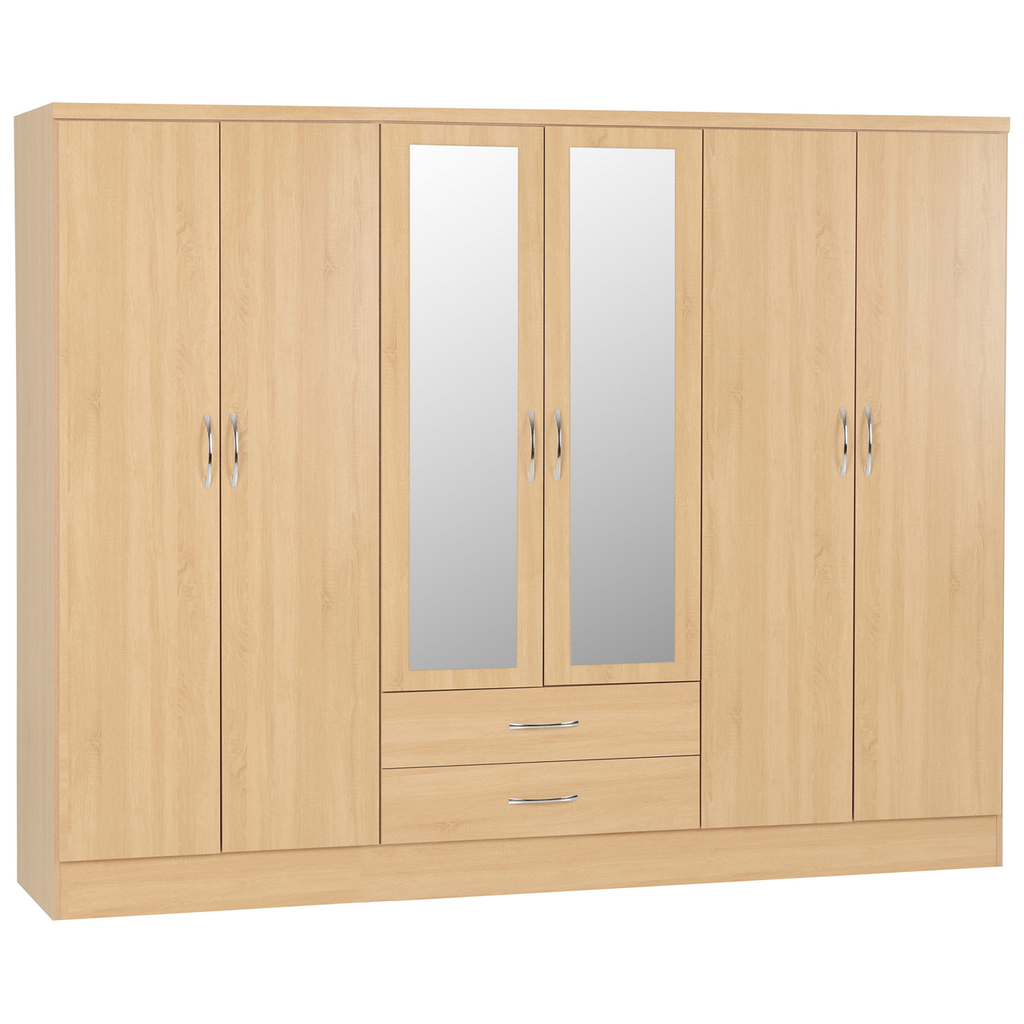 Nevada 6 Door 2 Drawer Mirrored Wardrobe-Furniture-Seconique-Sonoma Oak Effect-Levines Furniture