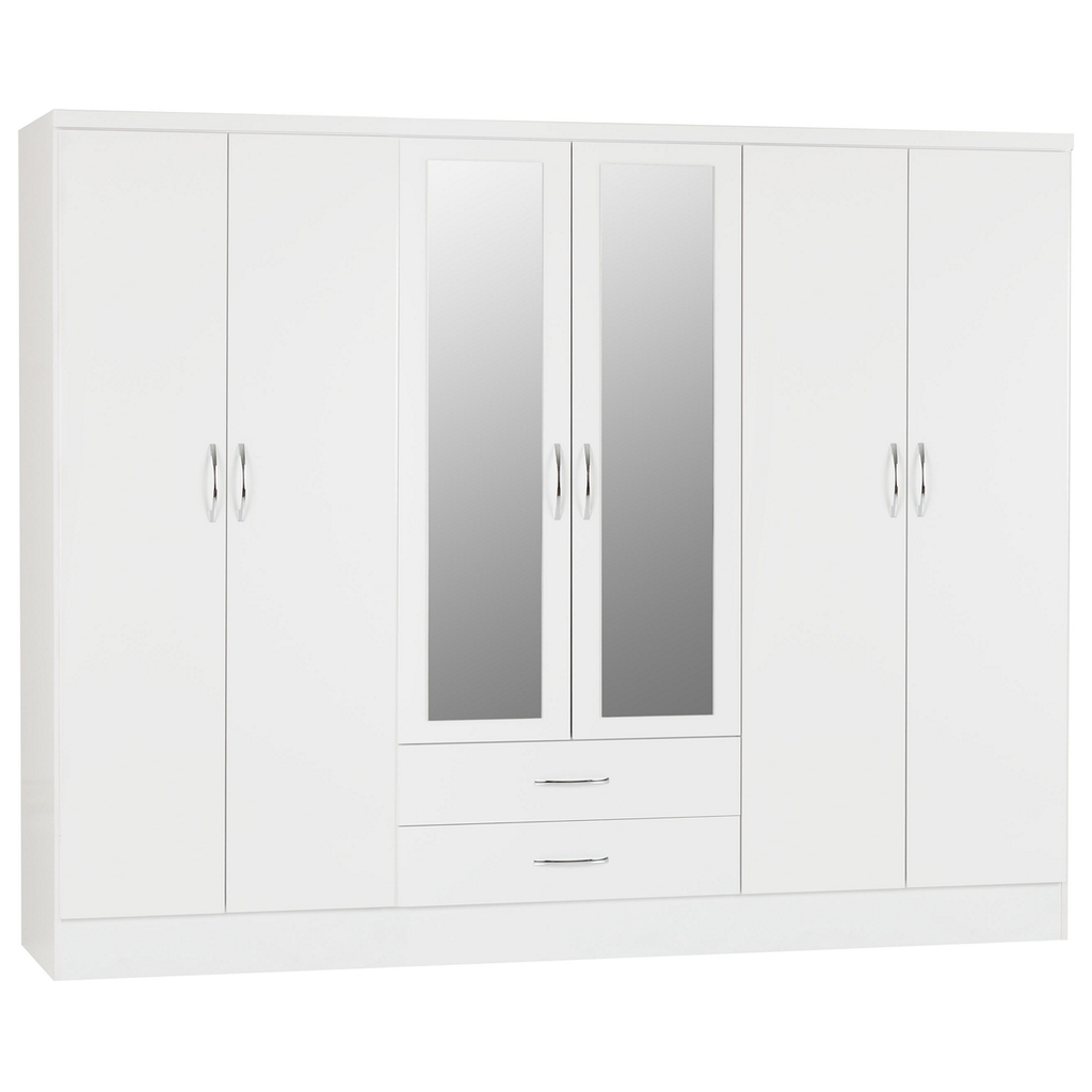 Nevada 6 Door 2 Drawer Mirrored Wardrobe-Furniture-Seconique-White Gloss-Levines Furniture