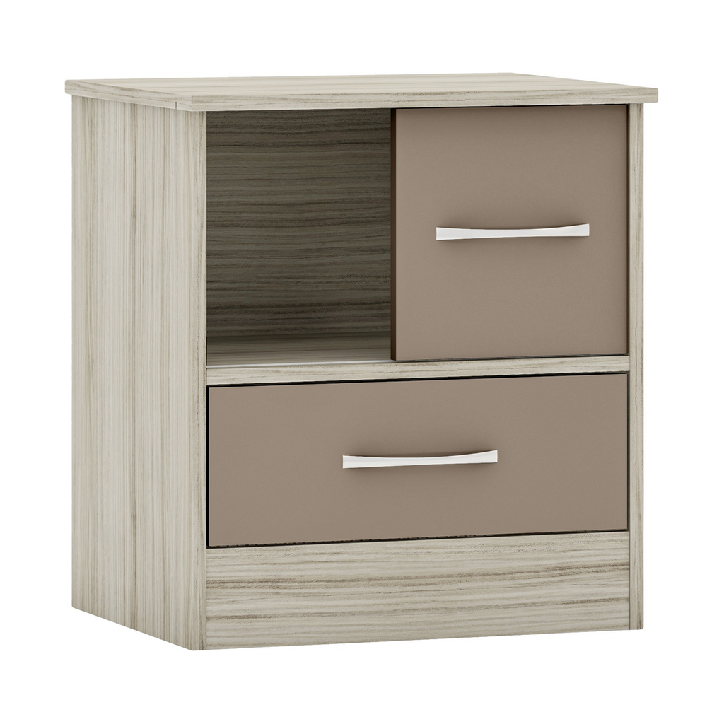 Nevada Sliding Door Bedside-Furniture-Seconique-Oyster Gloss/ Light Oak Effect Veneer-Levines Furniture