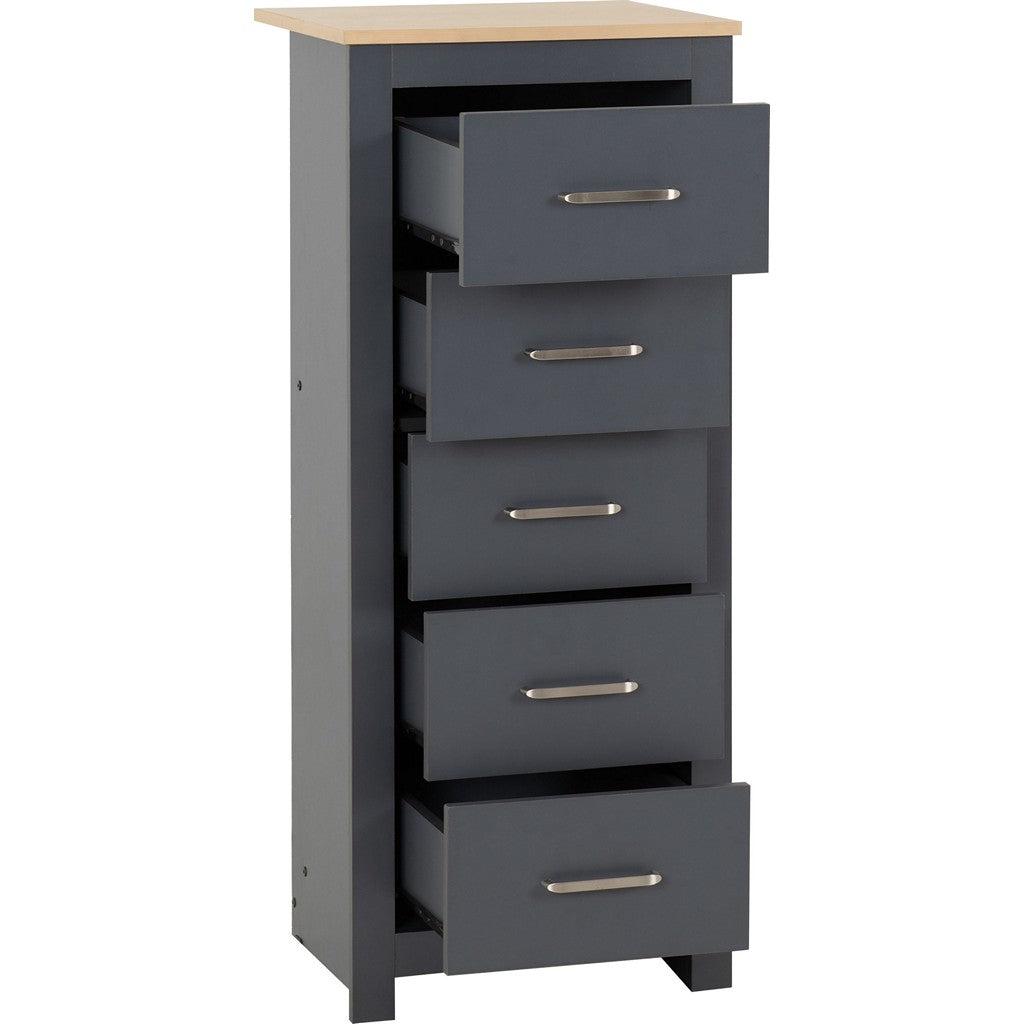 Portland 5 Drawer Narrow Chest-Furniture-Seconique-Grey / Oak Effect-Levines Furniture