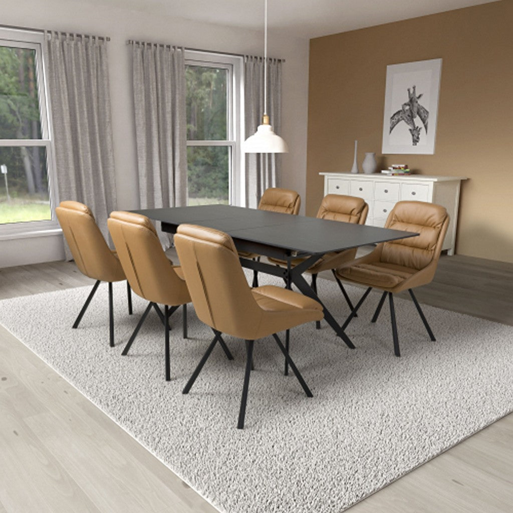 Timor Extending Black & 6 Arnhem Tan Dining Set-Furniture-Shankar-Levines Furniture